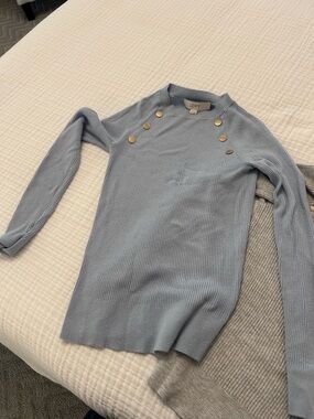 LOFT Pale Blue Ribbed Sweater with Gold Button Detail